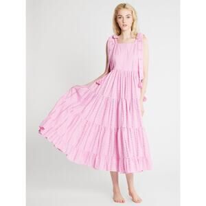 Mille Daphne Bubblegum Pink Polka Dot Eyelet Tie Shoulder Tiered Midi Dress New
